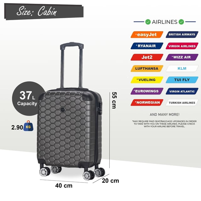 Maleta de cabina rígida ABS resistente de 55 x 40 x 20 cm. Apta para Easyjet y Ryanair. Diseñada para el viajero moderno, esta maleta de cabina rígida ofrece el equilibrio perfecto entre durabilidad, seguridad y espacio adicional. Tanto si viaja por negocios como por placer, estas elegantes maletas están diseñadas para facilitar su transporte y mantener sus pertenencias seguras. Características: • Diseño rígido y duradero: exterior sólido y resistente a impactos para proteger su equipaje de golpes e impactos durante sus viajes. • Cerradura de combinación integrada: la cerradura integrada, que cumple con las normas de la TSA, garantiza que su equipaje permanezca seguro y sea fácilmente accesible para la seguridad del aeropuerto. • Sistema de 8 ruedas giratorias: el diseño de 4 ruedas dobles permite una rotación suave de 360°, facilitando el manejo de su equipaje. Tamaño y especificaciones: • Cabina: 55 x 40 x 20 cm | Peso: 2,9 kg | Capacidad: 37 L