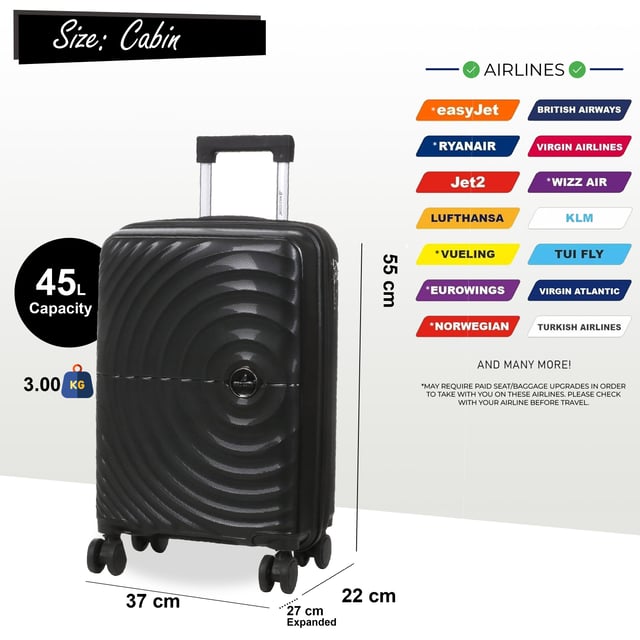 Maleta rígida de cabina PP de 55 x 37 x 22 cm, apta para Easyjet y Ryanair. Mejora tu equipo de viaje con esta maleta rígida expandible de polipropileno, diseñada para brindar durabilidad, seguridad y máxima comodidad de empaque. Ya sea que viajes por negocios o por placer, este equipaje ligero pero resistente a los impactos garantiza viajes suaves y sin estrés. Características: Material de polipropileno de primera calidad: resistente, duradero y resistente a los impactos, mantiene tus pertenencias bien protegidas. Cerradura de combinación integrada: cerradura de seguridad incorporada para mantener tus objetos de valor seguros. Diseño expandible: todos los tamaños cuentan con una cremallera de expansión, que proporciona almacenamiento adicional cuando es necesario. Sistema giratorio de 8 ruedas: el diseño doble de 4 ruedas garantiza un movimiento de 360° sin esfuerzo para una fácil navegación. Mango telescópico ergonómico: mango ajustable para un manejo cómodo y suave. Tamaño y especificaciones: Cabina: 55 x 37 x 22 cm (se expande a 27 cm) | Peso: 3.0 kg | Capacidad: 45L Diseñado para viajeros que necesitan mayor capacidad, durabilidad y seguridad, este juego de equipaje ofrece un diseño elegante y moderno a la vez que garantiza una experiencia de viaje sin complicaciones. ¡Viaja inteligentemente, empaca más y muévete con facilidad!
