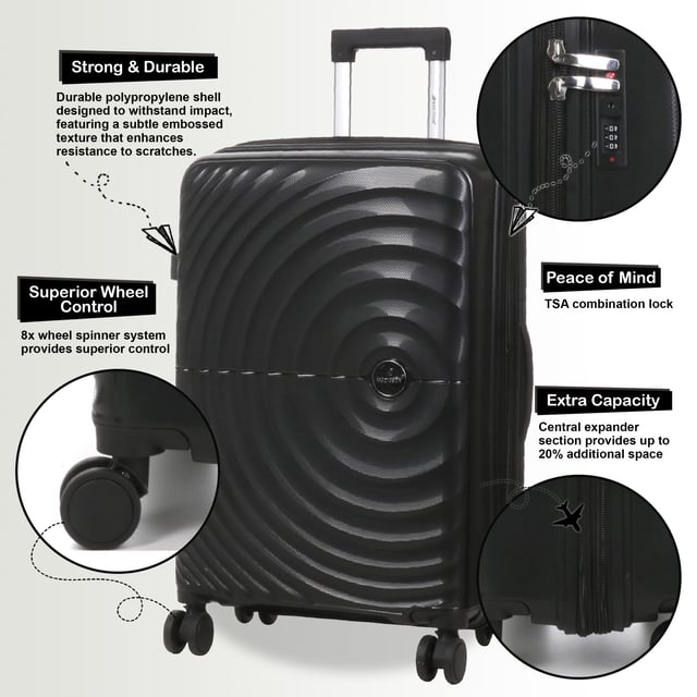 Maleta rígida de cabina PP de 55 x 37 x 22 cm, apta para Easyjet y Ryanair. Mejora tu equipo de viaje con esta maleta rígida expandible de polipropileno, diseñada para brindar durabilidad, seguridad y máxima comodidad de empaque. Ya sea que viajes por negocios o por placer, este equipaje ligero pero resistente a los impactos garantiza viajes suaves y sin estrés. Características: Material de polipropileno de primera calidad: resistente, duradero y resistente a los impactos, mantiene tus pertenencias bien protegidas. Cerradura de combinación integrada: cerradura de seguridad incorporada para mantener tus objetos de valor seguros. Diseño expandible: todos los tamaños cuentan con una cremallera de expansión, que proporciona almacenamiento adicional cuando es necesario. Sistema giratorio de 8 ruedas: el diseño doble de 4 ruedas garantiza un movimiento de 360° sin esfuerzo para una fácil navegación. Mango telescópico ergonómico: mango ajustable para un manejo cómodo y suave. Tamaño y especificaciones: Cabina: 55 x 37 x 22 cm (se expande a 27 cm) | Peso: 3.0 kg | Capacidad: 45L Diseñado para viajeros que necesitan mayor capacidad, durabilidad y seguridad, este juego de equipaje ofrece un diseño elegante y moderno a la vez que garantiza una experiencia de viaje sin complicaciones. ¡Viaja inteligentemente, empaca más y muévete con facilidad!
