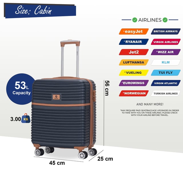 Maleta de cabina rígida de ABS resistente de 56 x 45 x 25 cm, apta para British Airways Este espacioso equipaje de cabina rígido combina durabilidad, seguridad y maniobrabilidad suave, lo que lo convierte en una opción ideal para viajeros que necesitan capacidad adicional y tranquilidad. Con su cerradura TSA integrada y sistema giratorio de 8 ruedas, sus pertenencias estarán seguras y será fácil navegar a través de entornos de viaje concurridos. Características: • Diseño de carcasa rígida duradera: el exterior sólido y duro protege sus pertenencias de golpes y arañazos, lo que garantiza que se mantengan seguras durante todo su viaje. • Cerradura TSA integrada: la cerradura de combinación incorporada proporciona tranquilidad y cumple con los estándares de seguridad de viaje, lo que permite que la seguridad del aeropuerto inspeccione su equipaje sin dañarlo. • Sistema giratorio de 8 ruedas: cuenta con ruedas dobles suaves y de fácil deslizamiento para un movimiento de 360 grados sin esfuerzo, lo que garantiza un fácil manejo en cualquier superficie. • Capacidad generosa: con una capacidad de 53 L, este equipaje ofrece un amplio espacio para sus elementos esenciales y artículos adicionales, ya sea para una escapada corta o viajes más largos. Tamaño y especificaciones: • Dimensiones: 56 x 45 x 25 cm | Peso: 3,00 kg | Capacidad: 53L (Apto para British Airways) La combinación perfecta de seguridad, amplitud y comodidad, esta maleta es imprescindible para cualquier viajero.
