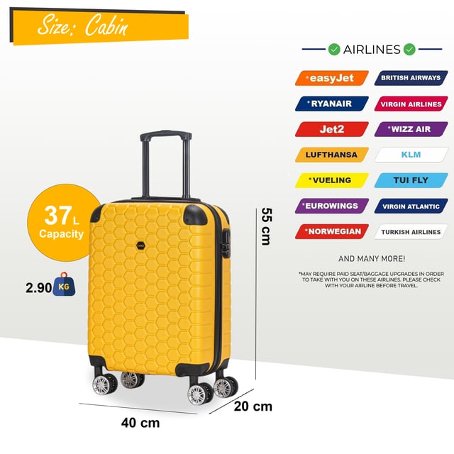 Strong ABS Hardshell Cabin Suitcase 55 x 40 x 20 cm Luggage Suitable for Easyjet, Ryanair Designed for the modern traveller, this Hardshell Cabin Luggage offers a perfect balance of durability, security, and added space. Whether you're flying for business or leisure, these stylish cases are built to provide smooth, easy movement while keeping your belongings safe.
Features:
• Durable Hardshell Design – Solid, impact-resistant exterior to protect your luggage from bumps and impacts during your travels.
• Integrated Combination Lock – Built-in TSA-compliant lock ensures your luggage remains secure and easily accessible for airport security.
• 8-Wheel Spinner System – Dual 4-wheel design allows for smooth, 360° rotation, making maneuvering your luggage a breeze.
Size & Specifications:
• Cabin: 55 x 40 x 20 cm | Weight: 2.9 kg | Capacity: 37L