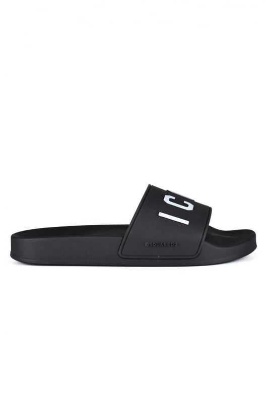 Dsquared2 Icon Dia's Zwart Dsquared2 zwarte ICON-slippers.Witte ICON-inscriptie.Rubberen zool.Gemaakt in Italië.