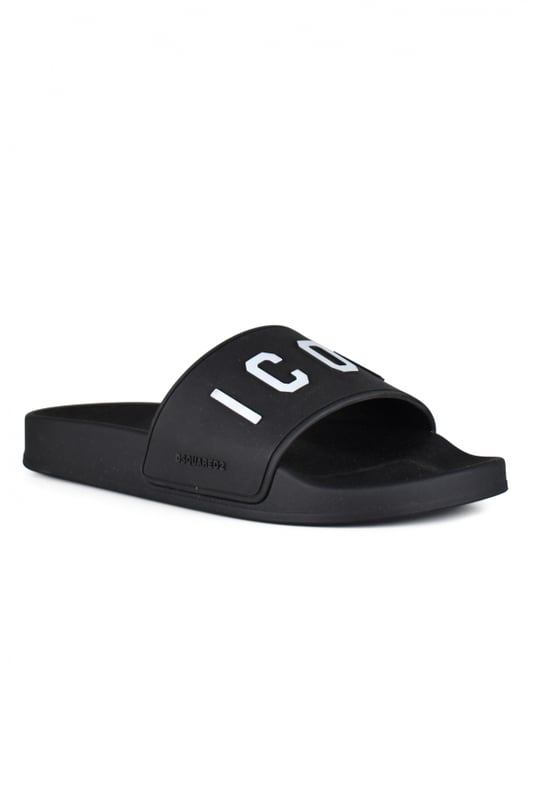 Dsquared2 Icon Dia's Zwart Dsquared2 zwarte ICON-slippers.Witte ICON-inscriptie.Rubberen zool.Gemaakt in Italië.