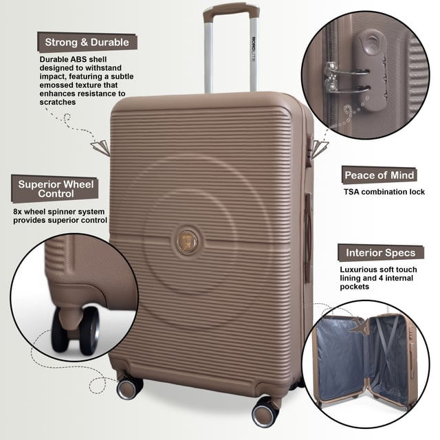 Tackle every trip with confidence using this Hardshell Luggage. Designed for durability, smooth handling, and secure storage, these suitcases are perfect for holidays and everyday travel. With its solid build and practical features, you'll enjoy stress-free packing and easy airport navigation.
Features:
•	Durable Hardshell Exterior – Tough outer shell helps protect your belongings from impact and rough handling during transit.
•	Integrated Combination Lock – Keep your items safe with a built-in lock that complies with international airport security standards.
•	8-Wheel Spinner System – Double 360° wheels provide smooth, stable rolling in any direction, making it easy to glide through busy terminals.
•	Lightweight & Travel-Ready – Strong yet light design ensures easy lifting and effortless manoeuvring.
Size & Specifications:
•	Cabin: 56 x 35 x 20 cm | Weight: 2.5 kg | Capacity: 35L
•	Medium: 66 x 42 x 25 cm | Weight: 3.0 kg | Capacity: 55L 
•	Large: 76 x 48 x 28 cm | Weight: 3.5 kg | Capacity: 85L
NOTE : These suitcases are sold individually not as set, so please select your prefered size!