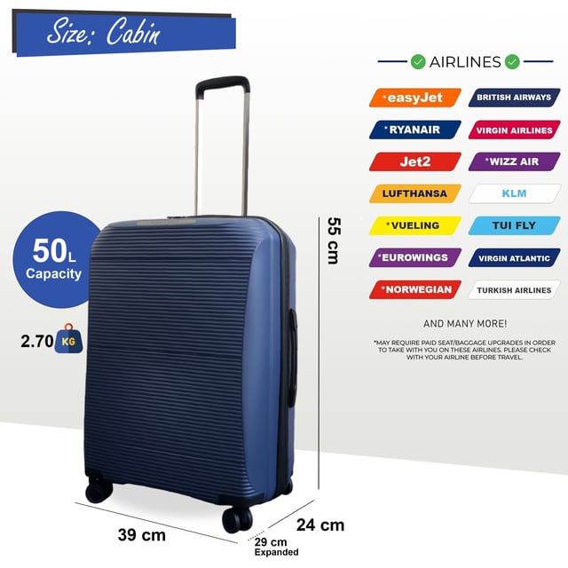 Maleta de cabina rígida expandible de PP de 55 x 39 x 24 cm. Apta para Easyjet y Ryanair. Viaje con confianza y estilo con esta maleta de cabina rígida expandible. Diseñada para ofrecer el máximo espacio, seguridad y durabilidad, esta maleta es perfecta para cualquier viaje, ya sea una escapada corta o unas vacaciones prolongadas. Características: • Construcción rígida duradera: el exterior resistente a los impactos protege sus pertenencias, incluso en los viajes más difíciles. • Capacidad expandible: expanda fácilmente su equipaje hasta un 20% con la función de expansión con cremallera, creando espacio adicional para recuerdos y más. • Cerradura de combinación TSA: la seguridad incorporada garantiza que sus objetos de valor se mantengan seguros y cumple con los estándares de seguridad de viaje para facilitar el acceso al aeropuerto. • Sistema giratorio de 4 ruedas: deslícese sin esfuerzo por aeropuertos o estaciones de tren abarrotados con una suave maniobrabilidad de 360°, que ofrece mayor estabilidad y manejo. Tamaño y especificaciones: • Cabina: 55 x 39 x 24 cm (se expande a 29 cm) | Peso: 2.7 kg | Capacidad: 50 L