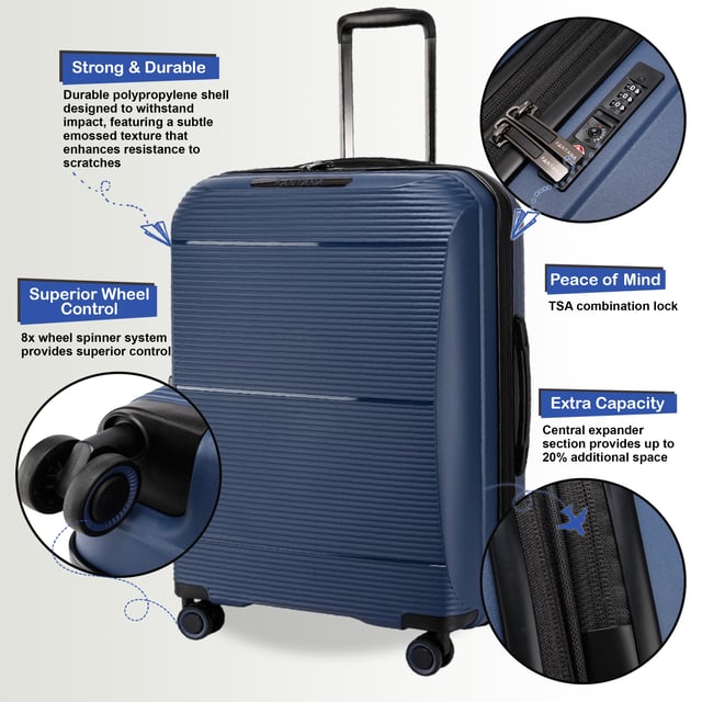 Maleta de cabina rígida expandible de PP de 55 x 39 x 24 cm. Apta para Easyjet y Ryanair. Viaje con confianza y estilo con esta maleta de cabina rígida expandible. Diseñada para ofrecer el máximo espacio, seguridad y durabilidad, esta maleta es perfecta para cualquier viaje, ya sea una escapada corta o unas vacaciones prolongadas. Características: • Construcción rígida duradera: el exterior resistente a los impactos protege sus pertenencias, incluso en los viajes más difíciles. • Capacidad expandible: expanda fácilmente su equipaje hasta un 20% con la función de expansión con cremallera, creando espacio adicional para recuerdos y más. • Cerradura de combinación TSA: la seguridad incorporada garantiza que sus objetos de valor se mantengan seguros y cumple con los estándares de seguridad de viaje para facilitar el acceso al aeropuerto. • Sistema giratorio de 4 ruedas: deslícese sin esfuerzo por aeropuertos o estaciones de tren abarrotados con una suave maniobrabilidad de 360°, que ofrece mayor estabilidad y manejo. Tamaño y especificaciones: • Cabina: 55 x 39 x 24 cm (se expande a 29 cm) | Peso: 2.7 kg | Capacidad: 50 L
