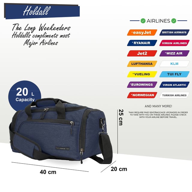 Bolsa de viaje Holdall Carry On 40x 20 x 25 cm debajo del asiento para Ryanair, Easy Jet COMPATIBLE CON RYANAIR: diseñada específicamente para cumplir con los requisitos de equipaje de mano gratuito de Ryanair, lo que le ayuda a evitar cargos por equipaje adicional. También aprobada para cabina por otras aerolíneas importantes como British Airways, Emirates, Lufthansa, Virgin Atlantic, KLM y más. APROBADO PARA CABINA PARA LA MAYORÍA DE LAS AEROLÍNEAS: aprobado para uso en cabina con las principales aerolíneas, incluidas British Airways, Ryanair, EasyJet, Emirates, Jet2, KLM, Virgin Atlantic y otras. FIJACIÓN SEGURA: la correa trasera se ajusta de forma segura sobre cualquier asa telescópica de maleta. Simplemente suelte la tira de velcro y deslice la correa sobre el asa para un ajuste perfecto. ULTRALIGERA: hecha de material de poliéster ligero, esta bolsa pesa solo 350 g, lo que le permite maximizar su capacidad de empaque. CORREA DE HOMBRO AJUSTABLE: La correa ajustable para el hombro se puede extender hasta 105 cm (41 pulgadas) para un ajuste personalizado. DIMENSIONES: Alto: 20 cm | Ancho: 40 cm | Fondo: 25 cm. Capacidad: 20 litros.
