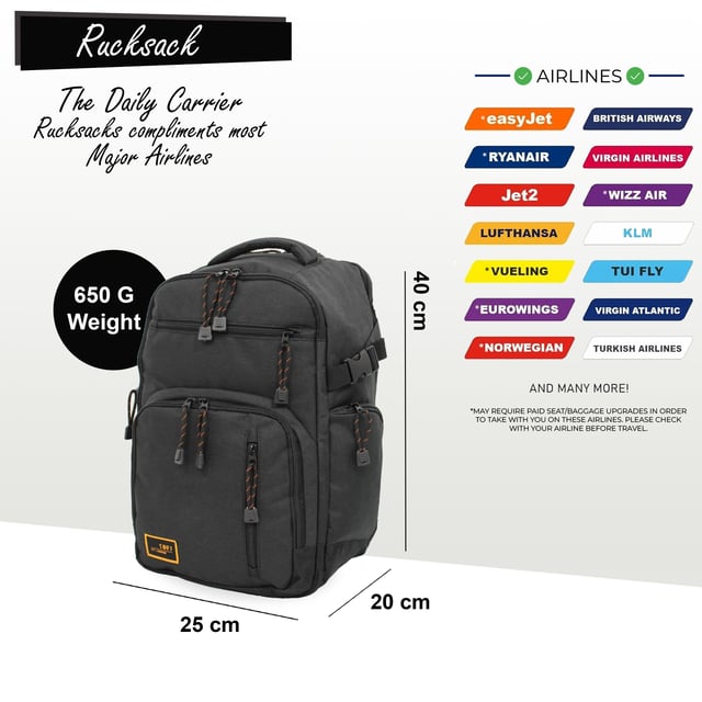 Mochila de cabina de 40 x 20 x 25 cm para Ryanair y Easy Jet. Mochila Mochila 40x20x25 cm Bolsa de viaje debajo del asiento para Easy Jet, Ryanair · MOCHILA HOMOLOGADA PARA CABINA DE RYANAIR: nuestras maletas de cabina tienen el tamaño perfecto para permitir el equipaje de mano gratuito en las principales aerolíneas como Ryanair, EasyJet, British Airways, Etihad, Emirates y más. Con unas medidas de 40x20x25 cm, esta bolsa debajo del asiento ofrece una espaciosa capacidad de 20 L con un peso de tan solo 625 g, lo que hace que viajar sea sencillo y sin estrés con una amplia compatibilidad con las aerolíneas. · DISEÑO ESPACIOSO Y CÓMODO: el espacioso compartimento principal se abre como una maleta e incluye correas elásticas interiores para mantener sus artículos seguros. Los dos bolsillos interiores con cremallera ayudan a organizar las pertenencias más pequeñas, y un asa superior incorporada facilita el viaje, lo que convierte a esta mochila en una compañera ideal. · ALMACENAMIENTO ORGANIZADO Y SEGURO: mantenga sus objetos de valor seguros con un compartimento trasero acolchado antirrobo para computadora portátil. La mochila también cuenta con dos bolsillos laterales con cremallera y tres bolsillos frontales, que ofrecen amplio espacio para tu pasaporte, billetera, iPad, libretas, bolígrafos, teléfono y más. · PERFECTA PARA VIAJES CORTOS O LARGOS: Diseñada con correas de hombro gruesas y suaves y acolchado de espuma, esta mochila garantiza la máxima comodidad. Desliza fácilmente la correa de equipaje sobre el asa de tu maleta para navegar por los aeropuertos con facilidad. Su diseño estructurado, con acolchado en todos los lados, mantiene la mochila en su forma, ya sea vacía o completamente cargada. · VIAJA CON COMODIDAD Y FACILIDAD: Ideal tanto para escapadas cortas como para viajes largos, esta mochila ofrece la máxima comodidad con correas de hombro acolchadas y soporte para la espalda. Deslízate sin esfuerzo por los aeropuertos sujetándola al asa de tu maleta, asegurando una experiencia de viaje suave y sin estrés. DIMENSIONES: 40 x 20 x 25 cm | Capacidad: 20 L | Peso: 650 g