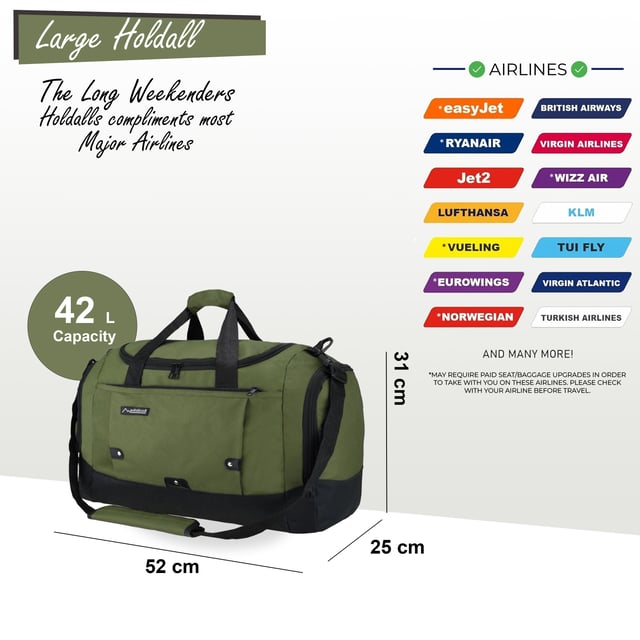 Bolso de mano grande para fin de semana, bolso de mano para cabina, bolso de viaje deportivo para gimnasio Bolso de mano grande para fin de semana, bolso de mano para cabina, bolso de deporte para gimnasio Este bolso de mano de viaje es la solución ideal para sortear las restricciones de vuelo. Fabricado con poliéster 600D duradero con amplio espacio para tus pertenencias, este bolso está diseñado para soportar los rigores de los viajes de vacaciones. CONQUISTA LAS RESTRICCIONES DE EMBALAJE DEL AEROPUERTO: diseñado cuidadosamente para cumplir con los requisitos de la mayoría de las aerolíneas principales, lo que garantiza un viaje sin complicaciones. CORREA AJUSTABLE DESMONTABLE: perfecta para transportar cargas más pesadas o para la comodidad de tener las manos libres. La cremallera doble de la solapa superior ofrece un acceso rápido y fácil. La correa se ajusta de 57 a 94 cm. 2 BOLSILLOS EXTERIORES: guarda cómodamente artículos esenciales como pasaportes, carteras, teléfonos o dinero en efectivo en estos bolsillos de fácil acceso. LIGERO Y DURADERO: hecho de poliéster 600D, este bolso es ligero y resistente, lo que proporciona mayor seguridad para tus pertenencias. BOLSA DE DEPORTE/GIMNASIO PERFECTA: Versátil para viajar, ideal también como bolsa de gimnasio o deportiva. Con su robusta construcción, amplio interior y bolsillos adicionales, esta bolsa está lista para cualquier aventura. DIMENSIONES Grande: Alto: 31 cm | Ancho: 52 cm | Fondo: 25 cm | Peso: 0,8 kg