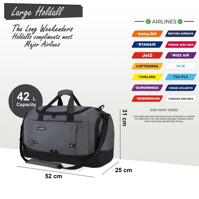 Große Reisetasche fürs Wochenende, Handgepäck, Kabinentasche, Sporttasche, große Reisetasche, Reisetasche fürs Wochenende, Handgepäck, Kabinentasche, Sporttasche. Diese Reisetasche ist die ideale Lösung, wenn Sie Flugbeschränkungen umgehen müssen. Diese Tasche aus strapazierfähigem 600D-Polyester bietet viel Platz für Ihre Sachen und ist dafür konzipiert, den Strapazen von Urlaubsreisen standzuhalten. ÜBERWINDEN SIE GEPÄCKBESCHRÄNKUNGEN AM FLUGHAFEN – Durchdachtes Design, um die Anforderungen der meisten großen Fluggesellschaften zu erfüllen und so sorgenfreies Reisen zu gewährleisten. VERSTELLBARER, ABNEHMBARER GURT – Perfekt zum Tragen schwererer Lasten oder um die Hände frei zu haben. Die doppelte Reißverschlussklappe an der oberen Klappe bietet schnellen und einfachen Zugriff. Der Gurt ist von 57 bis 94 cm verstellbar. 2 AUSSENTASCHEN – Bewahren Sie wichtige Dinge wie Pässe, Geldbörsen, Telefone oder Bargeld bequem in diesen leicht zugänglichen Taschen auf. LEICHT UND LANGLEBIG – Diese Tasche aus 600D-Polyester ist leicht und robust und bietet zusätzliche Sicherheit für Ihre Sachen. PERFEKTE SPORT-/TURNTASCHE – Vielseitig genug für Reisen und auch ideal als Turn- oder Sporttasche. Dank ihrer robusten Konstruktion, dem geräumigen Innenraum und den zusätzlichen Taschen ist diese Tasche für jedes Abenteuer bereit. ABMESSUNGEN Groß: Höhe: 31 cm | Breite: 52 cm | Tiefe: 25 cm | Gewicht: 0,8 kg