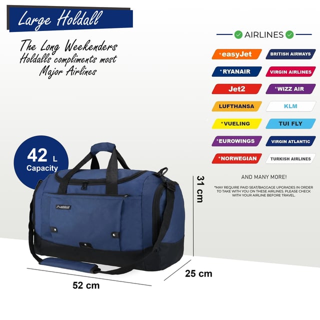 Bolso de mano grande para fin de semana, bolso de mano para cabina, bolso de viaje deportivo para gimnasio Bolso de mano grande para fin de semana, bolso de mano para cabina, bolso de deporte para gimnasio Este bolso de mano de viaje es la solución ideal para sortear las restricciones de vuelo. Fabricado con poliéster 600D duradero con amplio espacio para tus pertenencias, este bolso está diseñado para soportar los rigores de los viajes de vacaciones. CONQUISTA LAS RESTRICCIONES DE EMBALAJE DEL AEROPUERTO: diseñado cuidadosamente para cumplir con los requisitos de la mayoría de las aerolíneas principales, lo que garantiza un viaje sin complicaciones. CORREA AJUSTABLE DESMONTABLE: perfecta para transportar cargas más pesadas o para la comodidad de tener las manos libres. La cremallera doble de la solapa superior ofrece un acceso rápido y fácil. La correa se ajusta de 57 a 94 cm. 2 BOLSILLOS EXTERIORES: guarda cómodamente artículos esenciales como pasaportes, carteras, teléfonos o dinero en efectivo en estos bolsillos de fácil acceso. LIGERO Y DURADERO: hecho de poliéster 600D, este bolso es ligero y resistente, lo que proporciona mayor seguridad para tus pertenencias. BOLSA DE DEPORTE/GIMNASIO PERFECTA: Versátil para viajar, ideal también como bolsa de gimnasio o deportiva. Con su robusta construcción, amplio interior y bolsillos adicionales, esta bolsa está lista para cualquier aventura. DIMENSIONES Grande: Alto: 31 cm | Ancho: 52 cm | Fondo: 25 cm | Peso: 0,8 kg