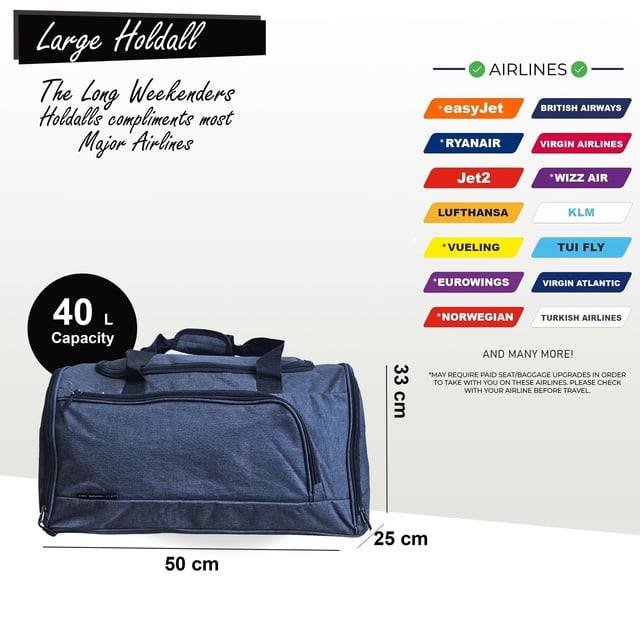 Bolso de mano grande para fin de semana, bolso de mano para cabina, bolso de viaje deportivo para gimnasio Bolso de mano grande para fin de semana, bolso de mano para cabina, bolso de deporte para gimnasio Este bolso de mano de viaje es la solución ideal para sortear las restricciones de vuelo. Fabricado con poliéster 600D duradero con amplio espacio para tus pertenencias, este bolso está diseñado para soportar los rigores de los viajes de vacaciones. CONQUISTA LAS RESTRICCIONES DE EMBALAJE DEL AEROPUERTO: diseñado cuidadosamente para cumplir con los requisitos de la mayoría de las aerolíneas principales, lo que garantiza un viaje sin complicaciones. CORREA AJUSTABLE DESMONTABLE: perfecta para transportar cargas más pesadas o para la comodidad de tener las manos libres. La cremallera doble de la solapa superior ofrece un acceso rápido y fácil. La correa se ajusta de 57 a 94 cm. 2 BOLSILLOS EXTERIORES: guarda cómodamente artículos esenciales como pasaportes, carteras, teléfonos o dinero en efectivo en estos bolsillos de fácil acceso. LIGERO Y DURADERO: hecho de poliéster 600D, este bolso es ligero y resistente, lo que proporciona mayor seguridad para tus pertenencias. BOLSA DE DEPORTE/GIMNASIO PERFECTA: Versátil para viajar, ideal también como bolsa de gimnasio o deportiva. Con su robusta construcción, amplio interior y bolsillos adicionales, esta bolsa está lista para cualquier aventura. DIMENSIONES Grande: Alto: 33 cm | Ancho: 50 cm | Fondo: 25 cm | Peso: 0,8 kg