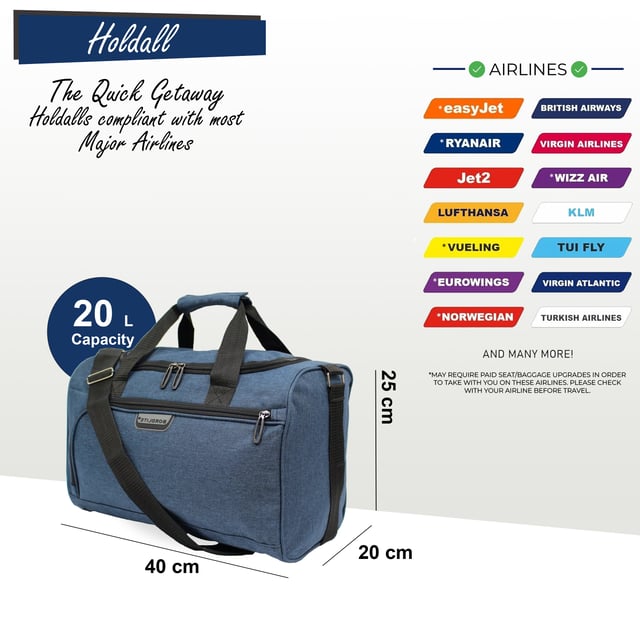 Bolsa de mano de 40 x 20 x 25 cm para debajo del asiento, ideal para Ryanair y Easy Jet. Holdall Carry On 40x 20 x 25cm Bolsa de cabina de viaje debajo del asiento para Ryanair, Easy Jet RYANAIR-FRIENDLY: diseñada específicamente para cumplir con los requisitos de equipaje de mano gratuito de Ryanair, lo que le ayuda a evitar cargos por equipaje adicional. También aprobada para cabina para otras aerolíneas importantes como British Airways, Emirates, Lufthansa, Virgin Atlantic, KLM y más. APROBADO PARA CABINA PARA LA MAYORÍA DE LAS AEROLÍNEAS: aprobado para uso en cabina con las principales aerolíneas, incluidas British Airways, Ryanair, EasyJet, Emirates, Jet2, KLM, Virgin Atlantic y otras. FIJACIÓN SEGURA: la correa trasera se ajusta de forma segura sobre cualquier asa telescópica de maleta. Simplemente suelte la tira de velcro y deslice la correa sobre el asa para un ajuste perfecto. ULTRALIGERA: hecha de material de poliéster ligero, esta bolsa pesa solo 350 g, lo que le permite maximizar su capacidad de empaque. CORREA DE HOMBRO AJUSTABLE: La correa ajustable para el hombro se puede extender hasta 105 cm (41 pulgadas) para un ajuste personalizado. DIMENSIONES: Alto: 20 cm | Ancho: 40 cm | Fondo: 25 cm. Capacidad: 20 litros.