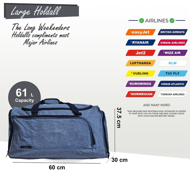 Bolsa de viaje extra grande tipo duffel para fin de semana, bolsa de mano para cabina, bolsa de viaje para deportes y gimnasio Bolsa de viaje grande tipo duffel, bolsa de fin de semana, bolsa de mano para cabina, bolsas de deporte y gimnasio Esta bolsa de viaje es la solución ideal para sortear las restricciones de vuelo. Fabricada con poliéster 600D duradero y con amplio espacio para tus pertenencias, esta bolsa está diseñada para soportar los rigores de los viajes de vacaciones. CONQUISTA LAS RESTRICCIONES DE EMBALAJE DEL AEROPUERTO: diseñada cuidadosamente para cumplir con los requisitos de la mayoría de las aerolíneas principales, lo que garantiza un viaje sin complicaciones. CORREA AJUSTABLE Y DESMONTABLE: perfecta para transportar cargas más pesadas o para la comodidad de tener las manos libres. La cremallera doble de la solapa superior ofrece un acceso rápido y sencillo. La correa se ajusta de 57 a 94 cm. 2 BOLSILLOS EXTERIORES: guarda cómodamente artículos esenciales como pasaportes, carteras, teléfonos o dinero en efectivo en estos bolsillos de fácil acceso. LIGERA Y DURADERA: hecha de poliéster 600D, esta bolsa es ligera y resistente, lo que proporciona mayor seguridad a tus pertenencias. BOLSA DE DEPORTE/GIMNASIO PERFECTA: Versátil para viajar, ideal también como bolsa de gimnasio o deportiva. Con su robusta construcción, amplio interior y bolsillos adicionales, esta bolsa está lista para cualquier aventura. DIMENSIONES Extra Grande: Alto: 37,5 cm | Ancho: 60 cm | Fondo: 30 cm | Capacidad: 61 litros