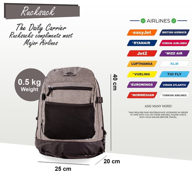Mochila Mochila 40x20x25 cm Bolsa de viaje debajo del asiento para Easy Jet, Ryanair · CUMPLE CON RYANAIR Y LISTO PARA CABINA: Diseñado para adaptarse a los requisitos de equipaje de mano gratuito de Ryanair, lo que le permite evitar cargos adicionales. También está aprobado para uso en cabina en otras aerolíneas importantes, incluidas British Airways, Emirates, Lufthansa, Virgin Atlantic, KLM y más. · APROBADO PARA LA MAYORÍA DE LAS PRINCIPALES AEROLÍNEAS: Compatible con las pautas de equipaje de mano para las principales aerolíneas como Ryanair, British Airways, EasyJet y otras, esta bolsa le ayuda a ahorrar dinero y reduce el estrés del viaje para una experiencia más fluida en el aeropuerto. · CALIDAD Y DURABILIDAD SUPERIORES: Fabricado con materiales de primera calidad, este bolso está diseñado para ser duradero, ofreciendo resistencia y confiabilidad de larga duración, lo que lo hace perfecto para viajes, uso en el gimnasio o actividades diarias. OPCIONES DE ALMACENAMIENTO VERSÁTILES: Con un espacioso compartimento principal, un bolsillo doble frontal y cinco bolsillos más pequeños, este bolso ofrece un amplio espacio para guardar objetos esenciales como el teléfono, la cartera, las gafas y los libros, manteniéndolos organizados y fácilmente accesibles. DISEÑO CÓMODO Y FUNCIONAL: Diseñado con correas de hombro acolchadas y un práctico asa superior, este bolso garantiza comodidad sin sacrificar la funcionalidad, lo que lo convierte en el compañero ideal para cualquier viaje. ESPECIFICACIONES: Dimensiones: 40 x 25 x 20 cm | Peso: 0,5 kg | Capacidad: 20 l