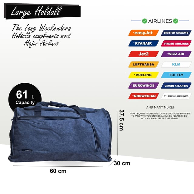 Bolsa de viaje extra grande tipo duffel para fin de semana, bolsa de mano para cabina, bolsa de viaje para deportes y gimnasio Bolsa de viaje grande tipo duffel, bolsa de fin de semana, bolsa de mano para cabina, bolsas de deporte y gimnasio Esta bolsa de viaje es la solución ideal para sortear las restricciones de vuelo. Fabricada con poliéster 600D duradero y con amplio espacio para tus pertenencias, esta bolsa está diseñada para soportar los rigores de los viajes de vacaciones. CONQUISTA LAS RESTRICCIONES DE EMBALAJE DEL AEROPUERTO: diseñada cuidadosamente para cumplir con los requisitos de la mayoría de las aerolíneas principales, lo que garantiza un viaje sin complicaciones. CORREA AJUSTABLE Y DESMONTABLE: perfecta para transportar cargas más pesadas o para la comodidad de tener las manos libres. La cremallera doble de la solapa superior ofrece un acceso rápido y sencillo. La correa se ajusta de 57 a 94 cm. 2 BOLSILLOS EXTERIORES: guarda cómodamente artículos esenciales como pasaportes, carteras, teléfonos o dinero en efectivo en estos bolsillos de fácil acceso. LIGERA Y DURADERA: hecha de poliéster 600D, esta bolsa es ligera y resistente, lo que proporciona mayor seguridad a tus pertenencias. BOLSA DE DEPORTE/GIMNASIO PERFECTA: Versátil para viajar, ideal también como bolsa de gimnasio o deportiva. Con su robusta construcción, amplio interior y bolsillos adicionales, esta bolsa está lista para cualquier aventura. DIMENSIONES Extra Grande: Alto: 37,5 cm | Ancho: 60 cm | Fondo: 30 cm | Capacidad: 61 litros