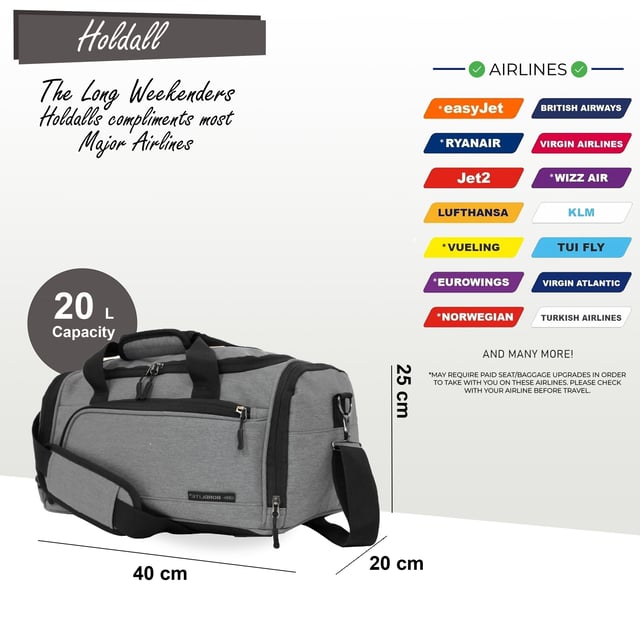 Bolsa de viaje Holdall Carry On 40x 20 x 25 cm debajo del asiento para Ryanair, Easy Jet COMPATIBLE CON RYANAIR: diseñada específicamente para cumplir con los requisitos de equipaje de mano gratuito de Ryanair, lo que le ayuda a evitar cargos por equipaje adicional. También aprobada para cabina por otras aerolíneas importantes como British Airways, Emirates, Lufthansa, Virgin Atlantic, KLM y más. APROBADO PARA CABINA PARA LA MAYORÍA DE LAS AEROLÍNEAS: aprobado para uso en cabina con las principales aerolíneas, incluidas British Airways, Ryanair, EasyJet, Emirates, Jet2, KLM, Virgin Atlantic y otras. FIJACIÓN SEGURA: la correa trasera se ajusta de forma segura sobre cualquier asa telescópica de maleta. Simplemente suelte la tira de velcro y deslice la correa sobre el asa para un ajuste perfecto. ULTRALIGERA: hecha de material de poliéster ligero, esta bolsa pesa solo 350 g, lo que le permite maximizar su capacidad de empaque. CORREA DE HOMBRO AJUSTABLE: La correa ajustable para el hombro se puede extender hasta 105 cm (41 pulgadas) para un ajuste personalizado. DIMENSIONES: Alto: 20 cm | Ancho: 40 cm | Fondo: 25 cm. Capacidad: 20 litros.