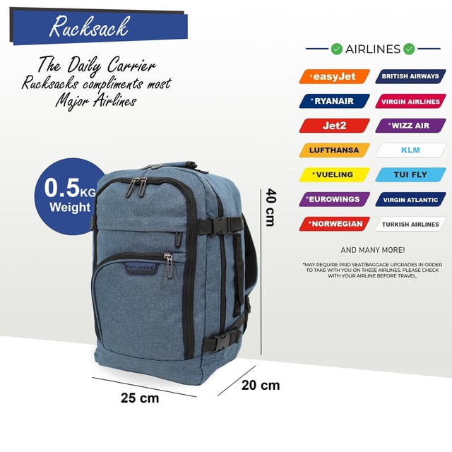 Mochila de cabina de 40 x 20 x 25 cm para Easy Jet y Ryanair. Mochila Mochila 40x20x25 cm Bolsa de viaje debajo del asiento para Easy Jet, Ryanair · CUMPLE CON RYANAIR Y LISTO PARA CABINA: Diseñado para adaptarse a los requisitos de equipaje de mano gratuito de Ryanair, lo que le permite evitar cargos adicionales. También está aprobado para su uso en cabina en otras aerolíneas importantes, incluidas British Airways, Emirates, Lufthansa, Virgin Atlantic, KLM y más. · APROBADO PARA LA MAYORÍA DE LAS PRINCIPALES AEROLÍNEAS: Compatible con las pautas de equipaje de mano para las principales aerolíneas como Ryanair, British Airways, EasyJet y otras, esta bolsa le ayuda a ahorrar dinero y reduce el estrés del viaje para una experiencia más fluida en el aeropuerto. · CALIDAD Y DURABILIDAD SUPERIORES: Fabricado con materiales de primera calidad, este bolso está diseñado para ser duradero, ofreciendo resistencia y confiabilidad de larga duración, lo que lo hace perfecto para viajes, uso en el gimnasio o actividades diarias. OPCIONES DE ALMACENAMIENTO VERSÁTILES: Con un espacioso compartimento principal, un bolsillo doble frontal y cinco bolsillos más pequeños, este bolso ofrece amplio espacio para guardar objetos esenciales como el teléfono, la cartera, las gafas y los libros, manteniéndolos organizados y fácilmente accesibles. DISEÑO CÓMODO Y FUNCIONAL: Diseñado con correas de hombro acolchadas y un práctico asa superior, este bolso garantiza comodidad sin sacrificar la funcionalidad, lo que lo convierte en el compañero ideal para cualquier viaje. ESPECIFICACIONES: Dimensiones: 40 x 25 x 20 cm | Peso: 480 g | Capacidad: 20 L