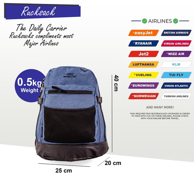 Mochila Mochila 40x20x25 cm Bolsa de viaje debajo del asiento para Easy Jet, Ryanair · CUMPLE CON RYANAIR Y LISTO PARA CABINA: Diseñado para adaptarse a los requisitos de equipaje de mano gratuito de Ryanair, lo que le permite evitar cargos adicionales. También está aprobado para uso en cabina en otras aerolíneas importantes, incluidas British Airways, Emirates, Lufthansa, Virgin Atlantic, KLM y más. · APROBADO PARA LA MAYORÍA DE LAS PRINCIPALES AEROLÍNEAS: Compatible con las pautas de equipaje de mano para las principales aerolíneas como Ryanair, British Airways, EasyJet y otras, esta bolsa le ayuda a ahorrar dinero y reduce el estrés del viaje para una experiencia más fluida en el aeropuerto. · CALIDAD Y DURABILIDAD SUPERIORES: Fabricado con materiales de primera calidad, este bolso está diseñado para ser duradero, ofreciendo resistencia y confiabilidad de larga duración, lo que lo hace perfecto para viajes, uso en el gimnasio o actividades diarias. OPCIONES DE ALMACENAMIENTO VERSÁTILES: Con un espacioso compartimento principal, un bolsillo doble frontal y cinco bolsillos más pequeños, este bolso ofrece un amplio espacio para guardar objetos esenciales como el teléfono, la cartera, las gafas y los libros, manteniéndolos organizados y fácilmente accesibles. DISEÑO CÓMODO Y FUNCIONAL: Diseñado con correas de hombro acolchadas y un práctico asa superior, este bolso garantiza comodidad sin sacrificar la funcionalidad, lo que lo convierte en el compañero ideal para cualquier viaje. ESPECIFICACIONES: Dimensiones: 40 x 25 x 20 cm | Peso: 0,5 kg | Capacidad: 20 l