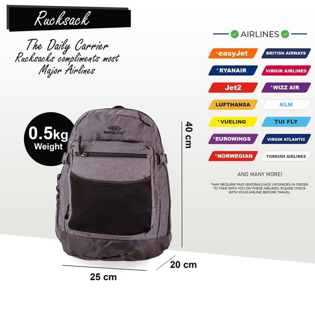 Ryggsäck Ryggsäck 40x20 x25 cm Undersits resväska för Easy Jet, Ryanair · RYANAIR-KOMPLIENT OCH KABIN-KLAR: Designad för att passa Ryanairs krav på gratis kabinbagage, så att du slipper extra avgifter. Den är också godkänd för kabinanvändning på andra stora flygbolag, inklusive British Airways, Emirates, Lufthansa, Virgin Atlantic, KLM och mer. · GODKÄND FÖR DE FLESTA STÖRRE FLYGBOLAG: Kompatibel med riktlinjer för handbagage för stora flygbolag som Ryanair, British Airways, EasyJet och andra, den här väskan hjälper dig att spara pengar och minskar resestressen för en smidigare flygplatsupplevelse. · SUPERIOR KVALITET OCH HÅLLBARHET: Den här väskan är tillverkad av premiummaterial och är byggd för hållbarhet, erbjuder långvarig styrka och tillförlitlighet, vilket gör den perfekt för resor, gym eller vardagsaktiviteter. · MÅNGSIDIG FÖRVARINGSALTERNATIV: Med ett rymligt huvudfack, en dubbelficka framtill och fem mindre fickor, ger den här väskan gott om förvaring för nödvändigheter som din telefon, plånbok, glasögon och böcker, och håller dem organiserade och lättillgängliga. · KOMFORTABEL OCH FUNKTIONELL DESIGN: Designad med vadderade axelremmar och ett bekvämt handtag, garanterar denna väska komfort utan att offra funktionalitet, vilket gör den till den perfekta följeslagaren för alla resor. · SPECIFIKATIONER: Mått: 40x25x20cm | Vikt: 0,5 kg | Kapacitet: 20L