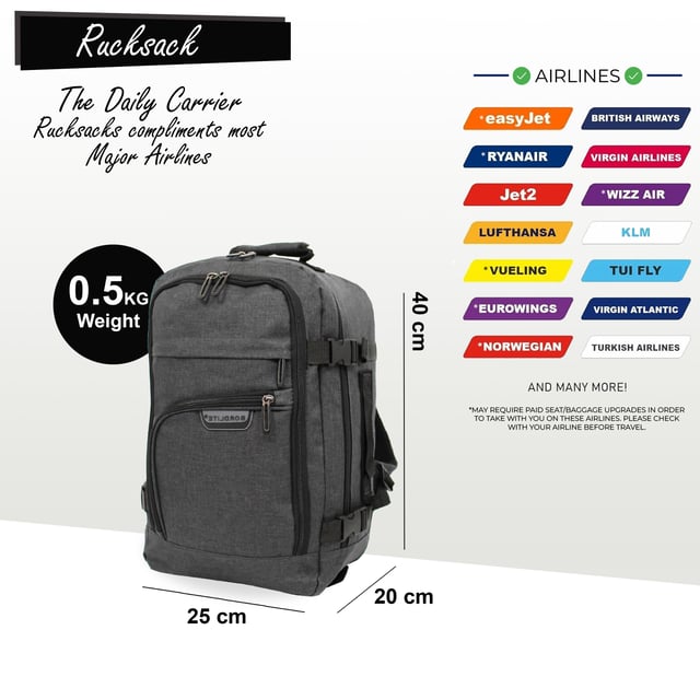 Mochila de cabina de 40 x 20 x 25 cm para Easy Jet y Ryanair. Mochila Mochila 40x20x25 cm Bolsa de viaje debajo del asiento para Easy Jet, Ryanair · CUMPLE CON RYANAIR Y LISTO PARA CABINA: Diseñado para adaptarse a los requisitos de equipaje de mano gratuito de Ryanair, lo que le permite evitar cargos adicionales. También está aprobado para su uso en cabina en otras aerolíneas importantes, incluidas British Airways, Emirates, Lufthansa, Virgin Atlantic, KLM y más. · APROBADO PARA LA MAYORÍA DE LAS PRINCIPALES AEROLÍNEAS: Compatible con las pautas de equipaje de mano para las principales aerolíneas como Ryanair, British Airways, EasyJet y otras, esta bolsa le ayuda a ahorrar dinero y reduce el estrés del viaje para una experiencia más fluida en el aeropuerto. · CALIDAD Y DURABILIDAD SUPERIORES: Fabricado con materiales de primera calidad, este bolso está diseñado para ser duradero, ofreciendo resistencia y confiabilidad de larga duración, lo que lo hace perfecto para viajes, uso en el gimnasio o actividades diarias. OPCIONES DE ALMACENAMIENTO VERSÁTILES: Con un espacioso compartimento principal, un bolsillo doble frontal y cinco bolsillos más pequeños, este bolso ofrece amplio espacio para guardar objetos esenciales como el teléfono, la cartera, las gafas y los libros, manteniéndolos organizados y fácilmente accesibles. DISEÑO CÓMODO Y FUNCIONAL: Diseñado con correas de hombro acolchadas y un práctico asa superior, este bolso garantiza comodidad sin sacrificar la funcionalidad, lo que lo convierte en el compañero ideal para cualquier viaje. ESPECIFICACIONES: Dimensiones: 40 x 25 x 20 cm | Peso: 480 g | Capacidad: 20 L