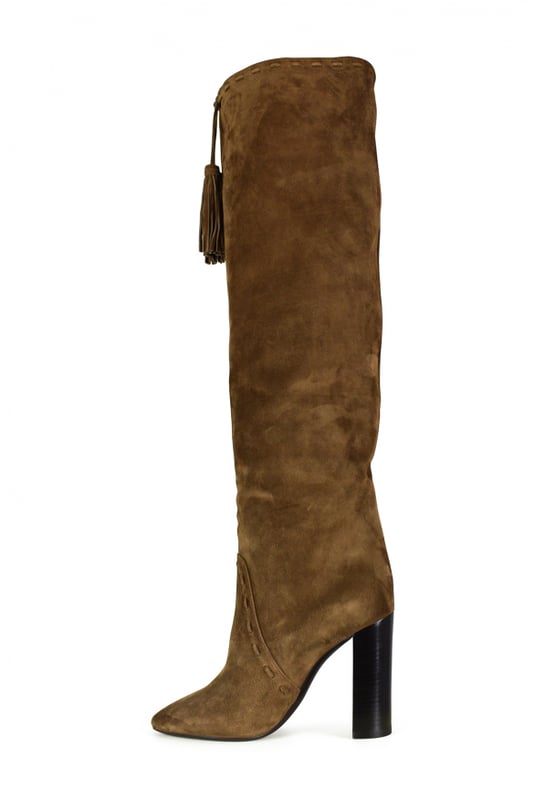 Botas Meurice Saint Laurent en ante camel.Cordones y pompones con flecos decorativos.Use liso o arrugado.Altura del tacón 10,5 cm.Suela de cuero.Made in Italy.
