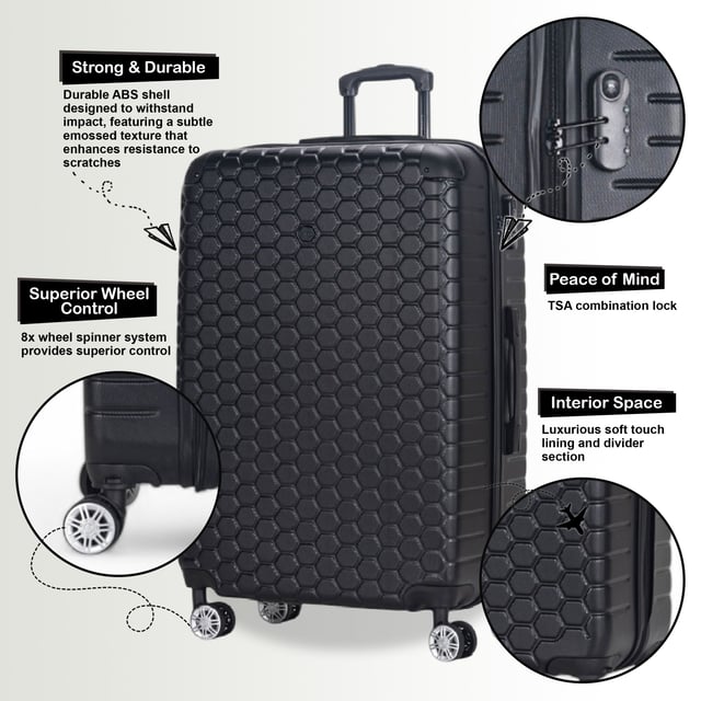 Expandable Extra Large Hard Shell ABS 8 Wheel Luggage Travel Suitcase Designed for the modern traveller, this Expandable Extra Large Hardshell Luggage offers a perfect balance of durability, security, and added space. Whether you're flying for business or leisure, these stylish cases are built to provide smooth, easy movement while keeping your belongings safe.
Features:
• Durable Hardshell Design – Solid, impact-resistant exterior to protect your luggage from bumps and impacts during your travels.
• Expandable Storage – Add up to 20% more space with the expansion zip, perfect for packing extra items or souvenirs.
• Integrated Combination Lock – Built-in TSA-compliant lock ensures your luggage remains secure and easily accessible for airport security.
• 8-Wheel Spinner System – Dual 4-wheel design allows for smooth, 360° rotation, making maneuvering your luggage a breeze.
Size & Specifications:
• XLarge: 87 x 57 x 34 cm | Weight: 5.2 kg | Capacity: 135L
With its tough exterior and ample storage capacity, this luggage ensures you travel smart, organized, and in style.
