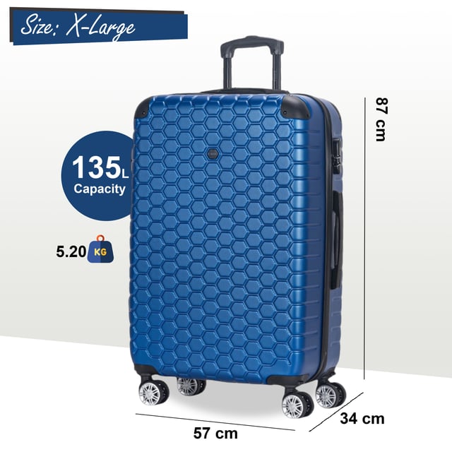 Expandable Extra Large Hard Shell ABS 8 Wheel Luggage Travel Suitcase Designed for the modern traveller, this Expandable Extra Large Hardshell Luggage offers a perfect balance of durability, security, and added space. Whether you're flying for business or leisure, these stylish cases are built to provide smooth, easy movement while keeping your belongings safe.
Features:
• Durable Hardshell Design – Solid, impact-resistant exterior to protect your luggage from bumps and impacts during your travels.
• Expandable Storage – Add up to 20% more space with the expansion zip, perfect for packing extra items or souvenirs.
• Integrated Combination Lock – Built-in TSA-compliant lock ensures your luggage remains secure and easily accessible for airport security.
• 8-Wheel Spinner System – Dual 4-wheel design allows for smooth, 360° rotation, making maneuvering your luggage a breeze.
Size & Specifications:
• XLarge: 87 x 57 x 34 cm | Weight: 5.2 kg | Capacity: 135L
With its tough exterior and ample storage capacity, this luggage ensures you travel smart, organized, and in style.