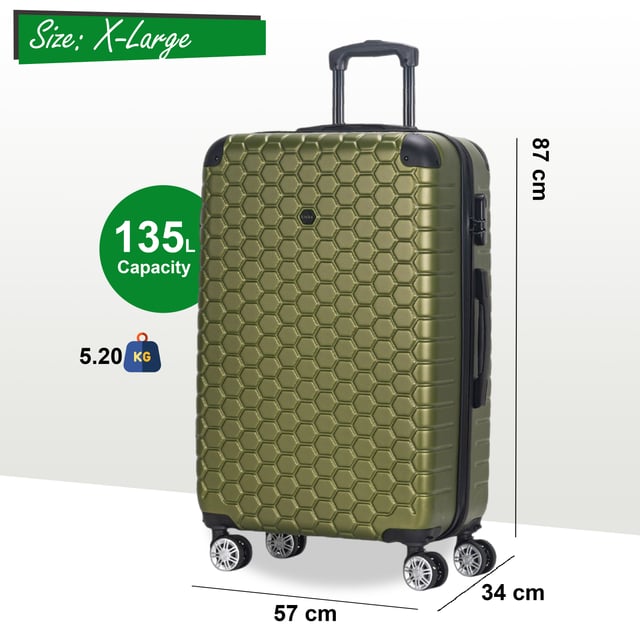Maleta de viaje expandible extragrande de ABS con 8 ruedas y carcasa rígida Diseñado para el viajero moderno, este equipaje rígido extra grande expandible ofrece un equilibrio perfecto entre durabilidad, seguridad y espacio adicional. Ya sea que vuele por negocios o por placer, estos elegantes estuches están diseñados para proporcionar un movimiento suave y fácil, manteniendo sus pertenencias seguras. Características: • Diseño rígido duradero: exterior sólido y resistente a los impactos para proteger su equipaje de golpes e impactos durante sus viajes. • Almacenamiento expandible: agregue hasta un 20% más de espacio con la cremallera de expansión, perfecta para empacar artículos adicionales o recuerdos. • Cerradura de combinación integrada: la cerradura incorporada que cumple con las normas TSA garantiza que su equipaje permanezca seguro y de fácil acceso para la seguridad del aeropuerto. • Sistema giratorio de 8 ruedas: el diseño doble de 4 ruedas permite una rotación suave de 360°, lo que hace que maniobrar su equipaje sea muy fácil. Tamaño y especificaciones: • XLarge: 87 x 57 x 34 cm | Peso: 5,2 kg | Capacidad: 135 L Con su exterior resistente y amplia capacidad de almacenamiento, este equipaje le garantiza viajar de manera inteligente, organizada y con estilo.