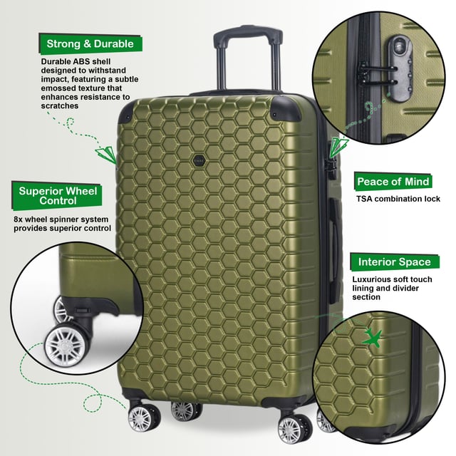 Maleta de viaje expandible extragrande de ABS con 8 ruedas y carcasa rígida Diseñado para el viajero moderno, este equipaje rígido extra grande expandible ofrece un equilibrio perfecto entre durabilidad, seguridad y espacio adicional. Ya sea que vuele por negocios o por placer, estos elegantes estuches están diseñados para proporcionar un movimiento suave y fácil, manteniendo sus pertenencias seguras. Características: • Diseño rígido duradero: exterior sólido y resistente a los impactos para proteger su equipaje de golpes e impactos durante sus viajes. • Almacenamiento expandible: agregue hasta un 20% más de espacio con la cremallera de expansión, perfecta para empacar artículos adicionales o recuerdos. • Cerradura de combinación integrada: la cerradura incorporada que cumple con las normas TSA garantiza que su equipaje permanezca seguro y de fácil acceso para la seguridad del aeropuerto. • Sistema giratorio de 8 ruedas: el diseño doble de 4 ruedas permite una rotación suave de 360°, lo que hace que maniobrar su equipaje sea muy fácil. Tamaño y especificaciones: • XLarge: 87 x 57 x 34 cm | Peso: 5,2 kg | Capacidad: 135 L Con su exterior resistente y amplia capacidad de almacenamiento, este equipaje le garantiza viajar de manera inteligente, organizada y con estilo.