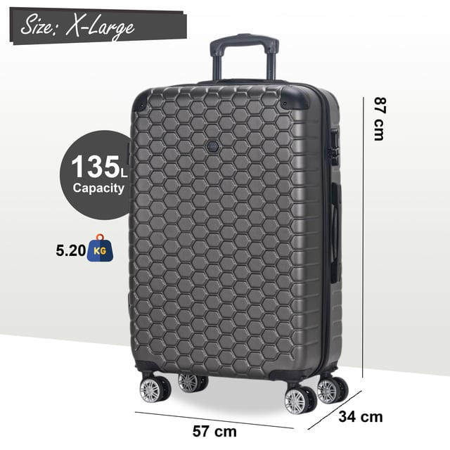 Expandable Extra Large Hard Shell ABS 8 Wheel Luggage Travel Suitcase Designed for the modern traveller, this Expandable Extra Large Hardshell Luggage offers a perfect balance of durability, security, and added space. Whether you're flying for business or leisure, these stylish cases are built to provide smooth, easy movement while keeping your belongings safe.
Features:
• Durable Hardshell Design – Solid, impact-resistant exterior to protect your luggage from bumps and impacts during your travels.
• Expandable Storage – Add up to 20% more space with the expansion zip, perfect for packing extra items or souvenirs.
• Integrated Combination Lock – Built-in TSA-compliant lock ensures your luggage remains secure and easily accessible for airport security.
• 8-Wheel Spinner System – Dual 4-wheel design allows for smooth, 360° rotation, making maneuvering your luggage a breeze.
Size & Specifications:
• XLarge: 87 x 57 x 34 cm | Weight: 5.2 kg | Capacity: 135L
With its tough exterior and ample storage capacity, this luggage ensures you travel smart, organized, and in style.