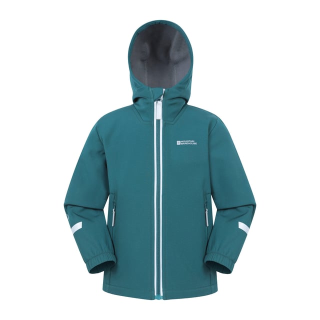 Material: Elastane, Polyester. Fabric: Bonded, Softshell. Lining: Bonded Fleece. Design: Logo, Plain. Fabric Technology: Durable, Durable Water Repellent Finish, PFC Free. Contrast Piping, Reflective Detail. Cuff: Elasticated. Neckline: Hooded. Sleeve-Type: Long-Sleeved. Hood Features: Sew-On. Pockets: 2 Front Pockets, Zip. Fastening: Full Zip. 3-4 Years: 22 in. 5-6 Years: 23.5 in. 7-8 Years: 25 in. 9-10 Years: 27.5 in. 11-12 Years: 30 in. 13 Years: 32 in.