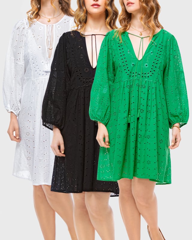 Effortlessly chic with a modern romantic twist, the ELLE Jane Dress in Black is your go-to for versatile elegance. Crafted from lightweight cotton with delicate eyelet embroidery, this mini dress features voluminous balloon sleeves, a flattering deep V-neckline, and a gently gathered waist for a floaty, feminine silhouette.

Whether you're dressing it up with heels for a night out or pairing it with espadrilles for a daytime stroll, the Jane Dress transitions seamlessly from season to season. It’s the little black dress—with a breezy, contemporary edge.

Pack of 3

Key Features:

All-over eyelet embroidery

Lightweight and breathable fabric

Deep V-neckline

Long balloon sleeves with elastic cuffs

Above-the-knee hemline

Relaxed fit with a cinched waist

Main Fabric 100% Cotton

Embroidery 100% Polyester