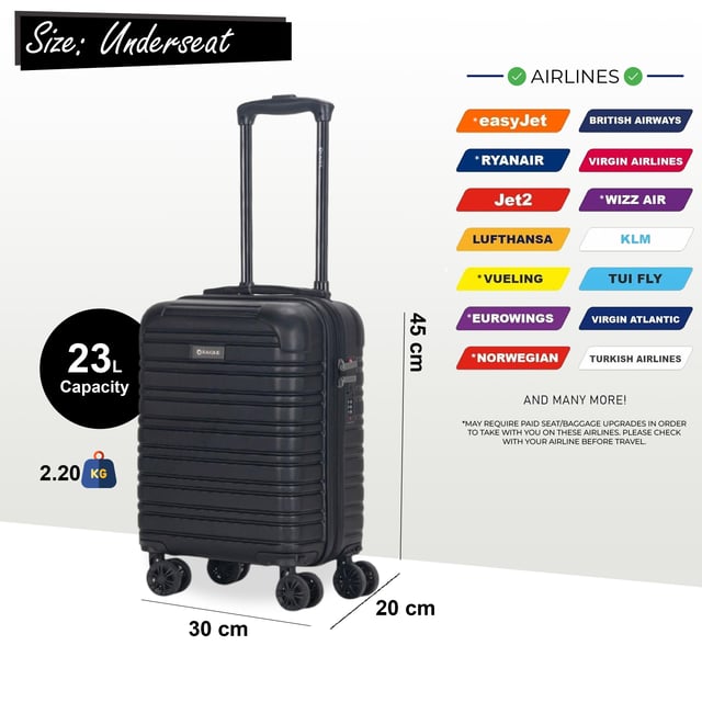 Perfect for short trips or carry-on use, this Compact Hardshell Underseat Cabin Luggage combines durability, security, and smooth manoeuvrability. Ideal for travellers looking for a secure and lightweight option, this case ensures a hassle-free journey, Suitable for Wizz Air.
Features:
•	Durable Hardshell Construction – Tough and impact-resistant exterior protects your belongings during travel.
•	TSA Combination Lock – For your peace of mind, this suitcase includes a built-in TSA-approved combination lock that keeps your items secure while complying with travel regulations.
•	8-Wheel Spinner System – Smooth 360° rotation with dual 4-wheel design for easy handling, providing enhanced stability and effortless movement.
Size & Specifications:
•	Dimensions: 45 x 30 x 20 cm | Weight: 2.2 kg | Capacity: 23L (Suitable for Wizz Air)
Perfect for quick trips or as a carry-on, this compact suitcase is designed to meet travel needs without compromising on security and comfort.