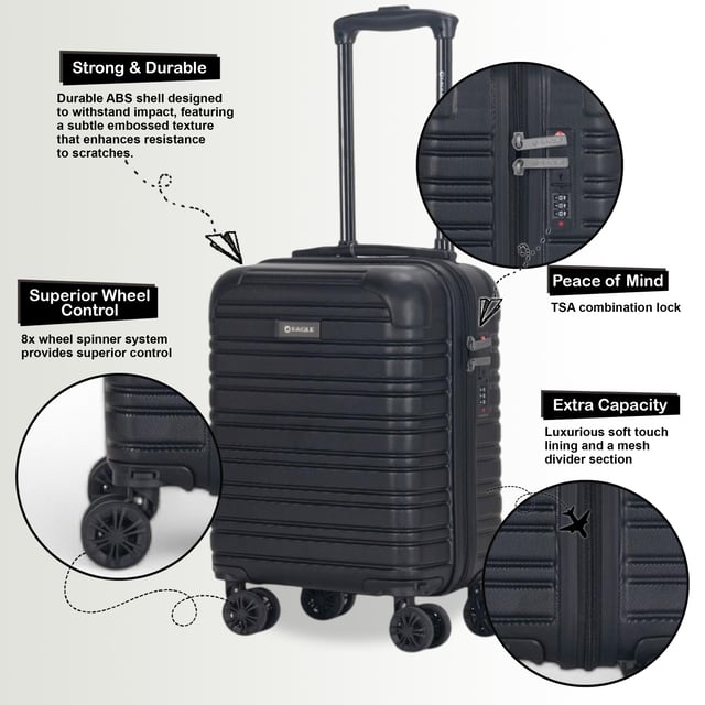 Perfect for short trips or carry-on use, this Compact Hardshell Underseat Cabin Luggage combines durability, security, and smooth manoeuvrability. Ideal for travellers looking for a secure and lightweight option, this case ensures a hassle-free journey, Suitable for Wizz Air.
Features:
•	Durable Hardshell Construction – Tough and impact-resistant exterior protects your belongings during travel.
•	TSA Combination Lock – For your peace of mind, this suitcase includes a built-in TSA-approved combination lock that keeps your items secure while complying with travel regulations.
•	8-Wheel Spinner System – Smooth 360° rotation with dual 4-wheel design for easy handling, providing enhanced stability and effortless movement.
Size & Specifications:
•	Dimensions: 45 x 30 x 20 cm | Weight: 2.2 kg | Capacity: 23L (Suitable for Wizz Air)
Perfect for quick trips or as a carry-on, this compact suitcase is designed to meet travel needs without compromising on security and comfort.