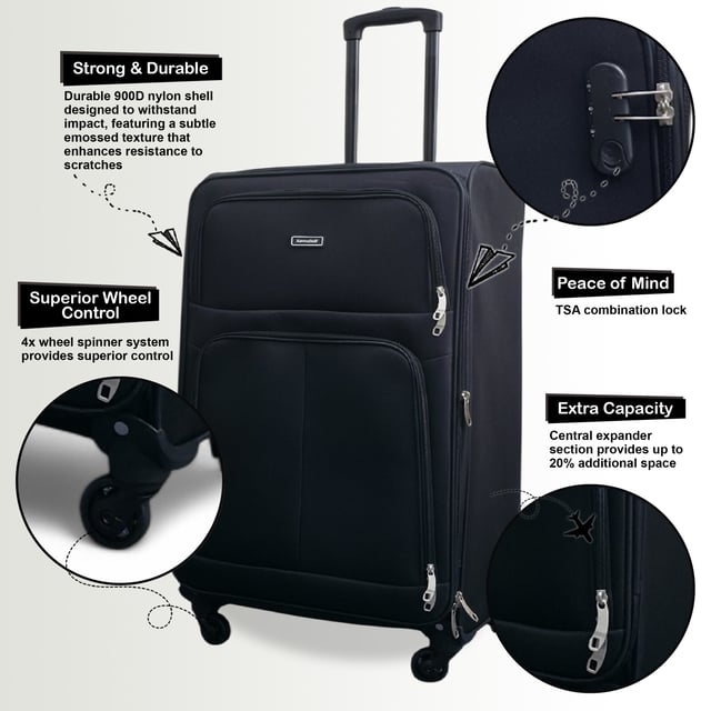 Upgrade your travel experience with this Softshell Cabin Luggage, built to offer maximum flexibility, added capacity, and smooth manoeuvrability. Whether you're off on a short break or a long-haul adventure, this set keeps you organized, secure, and ready for anything.
Features:
•	Flexible Softshell Exterior – Durable yet lightweight material makes packing easier and allows for slight give when space is tight.
•	Integrated Combination Lock – Travel stress-free with built-in security locks that comply with international airport screening standards.
•	Spinner Wheels – Four multi-directional wheels provide smooth, 360° movement for easy airport navigation.
Size & Specifications:
•	Cabin: 55 x 33 x 21 cm | Weight: 2.5 kg | Capacity: 33L