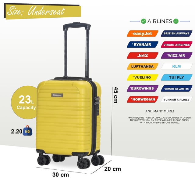 Perfect for short trips or carry-on use, this Compact Hardshell Underseat Cabin Luggage combines durability, security, and smooth manoeuvrability. Ideal for travellers looking for a secure and lightweight option, this case ensures a hassle-free journey, Suitable for Wizz Air.
Features:
•	Durable Hardshell Construction – Tough and impact-resistant exterior protects your belongings during travel.
•	TSA Combination Lock – For your peace of mind, this suitcase includes a built-in TSA-approved combination lock that keeps your items secure while complying with travel regulations.
•	8-Wheel Spinner System – Smooth 360° rotation with dual 4-wheel design for easy handling, providing enhanced stability and effortless movement.
Size & Specifications:
•	Dimensions: 45 x 30 x 20 cm | Weight: 2.2 kg | Capacity: 23L (Suitable for Wizz Air)
Perfect for quick trips or as a carry-on, this compact suitcase is designed to meet travel needs without compromising on security and comfort.