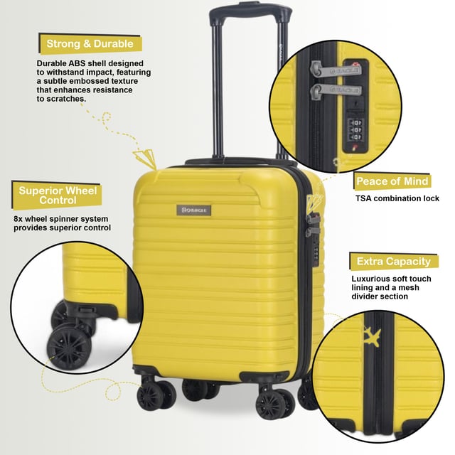 Perfect for short trips or carry-on use, this Compact Hardshell Underseat Cabin Luggage combines durability, security, and smooth manoeuvrability. Ideal for travellers looking for a secure and lightweight option, this case ensures a hassle-free journey, Suitable for Wizz Air.
Features:
•	Durable Hardshell Construction – Tough and impact-resistant exterior protects your belongings during travel.
•	TSA Combination Lock – For your peace of mind, this suitcase includes a built-in TSA-approved combination lock that keeps your items secure while complying with travel regulations.
•	8-Wheel Spinner System – Smooth 360° rotation with dual 4-wheel design for easy handling, providing enhanced stability and effortless movement.
Size & Specifications:
•	Dimensions: 45 x 30 x 20 cm | Weight: 2.2 kg | Capacity: 23L (Suitable for Wizz Air)
Perfect for quick trips or as a carry-on, this compact suitcase is designed to meet travel needs without compromising on security and comfort.