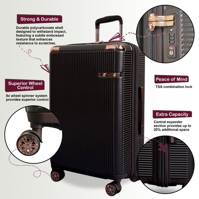 Viaje con confianza con esta maleta rígida, ligera y segura. Fabricada con policarbonato duradero, ofrece una resistencia superior a los impactos y cuenta con cerraduras TSA para mayor seguridad, ruedas giratorias de 8 ruedas para un movimiento sin esfuerzo y capacidad expandible para una mayor flexibilidad de empaque. Características: Carcasa de policarbonato duradero: Fabricada con policarbonato de alta calidad, esta carcasa proporciona una resistencia excepcional a los impactos sin dejar de ser ligera, lo que garantiza que sus pertenencias estén bien protegidas durante todo su viaje. Cerradura de combinación TSA: La cerradura de combinación integrada aprobada por la TSA ofrece mayor seguridad, permitiendo que la seguridad del aeropuerto inspeccione su equipaje sin dañarlo, lo que le proporciona tranquilidad durante el viaje. Sistema giratorio de 360° de 8 ruedas: Equipado con ocho ruedas giratorias de suave rodamiento, este conjunto permite una maniobrabilidad de 360 ​​grados sin esfuerzo, lo que hace que navegar por aeropuertos y estaciones de tren concurridos sea muy fácil. Diseño expandible: Cada maleta cuenta con una cremallera expandible, que proporciona capacidad de empaque adicional cuando se necesita, ideal para traer recuerdos o acomodar artículos adicionales. Asa telescópica ergonómica: El asa telescópica ajustable garantiza un manejo cómodo y suave, adaptándose a su altura preferida para facilitar su desplazamiento. Especificaciones: Cabina: 55 x 36 x 22 cm, 2,6 kg, 39 L. Viaje de forma inteligente y segura con esta maleta confiable, diseñada para viajeros modernos que buscan durabilidad y comodidad.