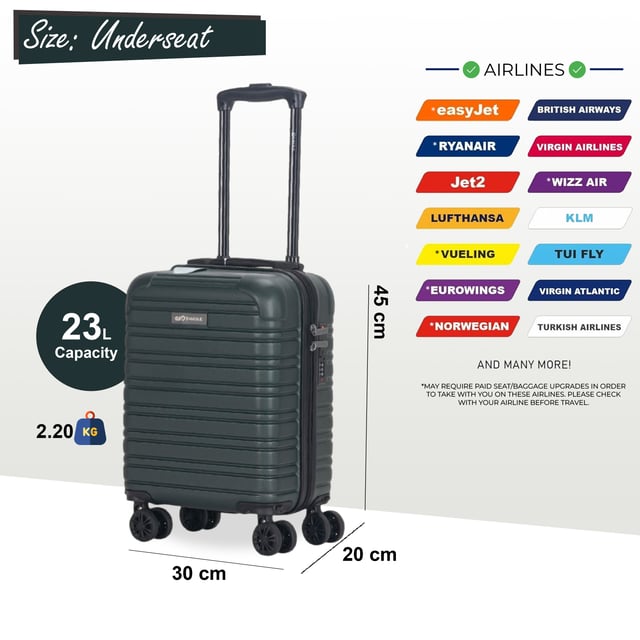 Perfect for short trips or carry-on use, this Compact Hardshell Underseat Cabin Luggage combines durability, security, and smooth manoeuvrability. Ideal for travellers looking for a secure and lightweight option, this case ensures a hassle-free journey, Suitable for Wizz Air.
Features:
•	Durable Hardshell Construction – Tough and impact-resistant exterior protects your belongings during travel.
•	TSA Combination Lock – For your peace of mind, this suitcase includes a built-in TSA-approved combination lock that keeps your items secure while complying with travel regulations.
•	8-Wheel Spinner System – Smooth 360° rotation with dual 4-wheel design for easy handling, providing enhanced stability and effortless movement.
Size & Specifications:
•	Dimensions: 45 x 30 x 20 cm | Weight: 2.2 kg | Capacity: 23L (Suitable for Wizz Air)
Perfect for quick trips or as a carry-on, this compact suitcase is designed to meet travel needs without compromising on security and comfort.