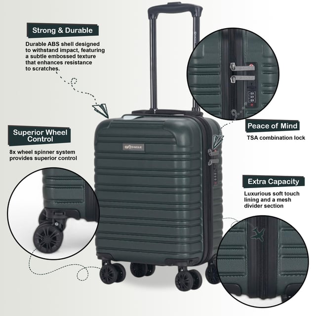 Perfect for short trips or carry-on use, this Compact Hardshell Underseat Cabin Luggage combines durability, security, and smooth manoeuvrability. Ideal for travellers looking for a secure and lightweight option, this case ensures a hassle-free journey, Suitable for Wizz Air.
Features:
•	Durable Hardshell Construction – Tough and impact-resistant exterior protects your belongings during travel.
•	TSA Combination Lock – For your peace of mind, this suitcase includes a built-in TSA-approved combination lock that keeps your items secure while complying with travel regulations.
•	8-Wheel Spinner System – Smooth 360° rotation with dual 4-wheel design for easy handling, providing enhanced stability and effortless movement.
Size & Specifications:
•	Dimensions: 45 x 30 x 20 cm | Weight: 2.2 kg | Capacity: 23L (Suitable for Wizz Air)
Perfect for quick trips or as a carry-on, this compact suitcase is designed to meet travel needs without compromising on security and comfort.