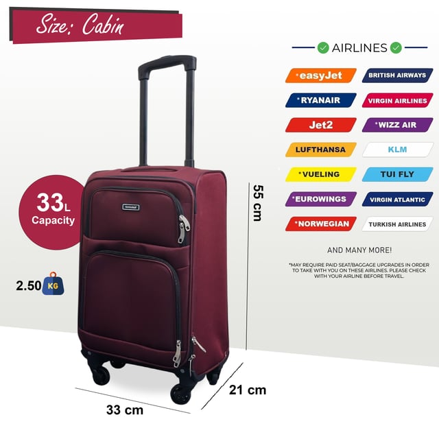 Upgrade your travel experience with this Softshell Cabin Luggage, built to offer maximum flexibility, added capacity, and smooth manoeuvrability. Whether you're off on a short break or a long-haul adventure, this set keeps you organized, secure, and ready for anything.
Features:
•	Flexible Softshell Exterior – Durable yet lightweight material makes packing easier and allows for slight give when space is tight.
•	Integrated Combination Lock – Travel stress-free with built-in security locks that comply with international airport screening standards.
•	Spinner Wheels – Four multi-directional wheels provide smooth, 360° movement for easy airport navigation.
Size & Specifications:
•	Cabin: 55 x 33 x 21 cm | Weight: 2.5 kg | Capacity: 33L