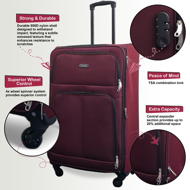 Upgrade your travel experience with this Softshell Cabin Luggage, built to offer maximum flexibility, added capacity, and smooth manoeuvrability. Whether you're off on a short break or a long-haul adventure, this set keeps you organized, secure, and ready for anything.
Features:
•	Flexible Softshell Exterior – Durable yet lightweight material makes packing easier and allows for slight give when space is tight.
•	Integrated Combination Lock – Travel stress-free with built-in security locks that comply with international airport screening standards.
•	Spinner Wheels – Four multi-directional wheels provide smooth, 360° movement for easy airport navigation.
Size & Specifications:
•	Cabin: 55 x 33 x 21 cm | Weight: 2.5 kg | Capacity: 33L