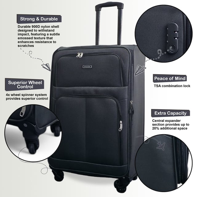 Upgrade your travel experience with this Softshell Cabin Luggage, built to offer maximum flexibility, added capacity, and smooth manoeuvrability. Whether you're off on a short break or a long-haul adventure, this set keeps you organized, secure, and ready for anything.
Features:
•	Flexible Softshell Exterior – Durable yet lightweight material makes packing easier and allows for slight give when space is tight.
•	Integrated Combination Lock – Travel stress-free with built-in security locks that comply with international airport screening standards.
•	Spinner Wheels – Four multi-directional wheels provide smooth, 360° movement for easy airport navigation.
Size & Specifications:
•	Cabin: 55 x 33 x 21 cm | Weight: 2.5 kg | Capacity: 33L