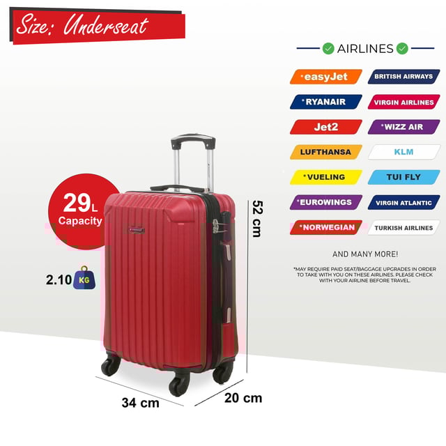 Travel confidently with this robust underseat suitcase, designed for security and ease of movement. Crafted from durable ABS, it features an integrated combination lock for enhanced protection and a smooth 8-wheel spinner system for effortless navigation.

Features:

Integrated Combination Lock: Provides secure travel with a built-in, TSA-compliant combination lock, ensuring your belongings remain safe while allowing for airport security inspections without damage.
8-Wheel Spinner System: Equipped with eight smooth-rolling spinner wheels, this system offers effortless 360-degree maneuverability, making it easy to navigate crowded airports and train stations.
Durable ABS Hardshell: Constructed from high-quality ABS material, the hard shell provides robust protection against impacts and scratches, ensuring your belongings stay safe throughout your journey.
Specifications:

Dimensions: 52 x 34 x 20 cm
Weight: 2.1kg
Capacity: 29L