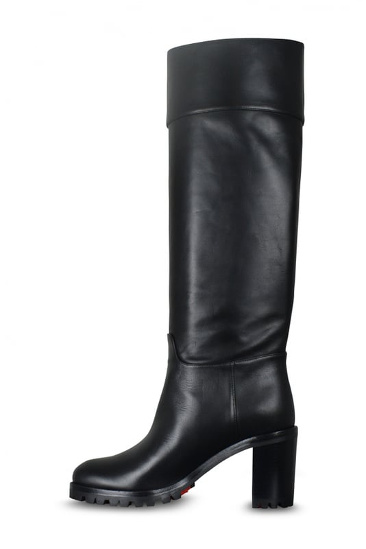 Louboutin Kari Lug 70 laarzen in zwart leer.Reikend tot aan de knieën.Naaddetails.Licht gekerfde rode zool.Hakhoogte: 7 cm.Made in Italy.