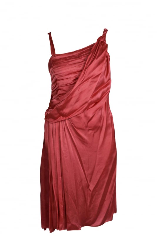Roze soepele jurk van Prada.Geplooide stoffen details.Asymmetrische mouwen.100% cupro.Gemaakt in Italië.