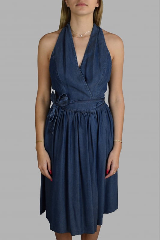 Vestido azul Prada.Cruzado a la cintura con cinturón de lazo.Fabricado con materiales reciclados.Espalda descubierta.
