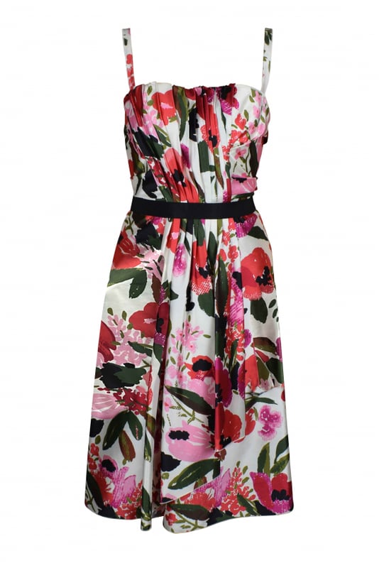 Vestido de tirantes Dolce & Gabbana con estampado floral.Busto con corsé integrado y cinturón negro.Cierre de cremallera en la espalda.100% seda.Made in Italy.