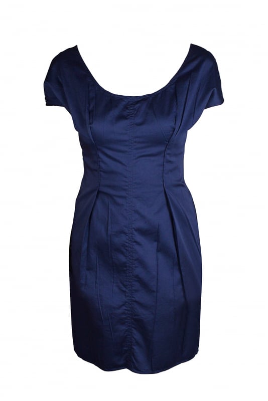 Vestido de algodón azul Prada.Cremallera dorada en la espalda.Detalles de costura.Made in Italy.